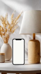 Naklejka premium Modern Mobile Phone Display with Lamp and Vase Decoration