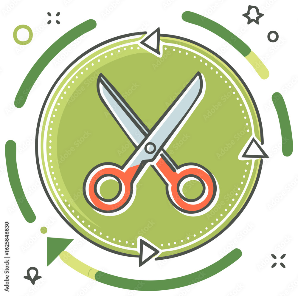 Poster scissors icon inside circle surrounded by arrows and decorative shapes