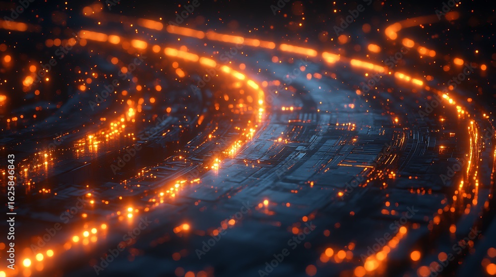 Poster abstract glowing orange and blue digital circuit board with data flow and light particles, represent
