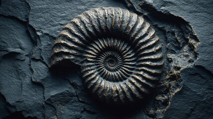 Ancient Ammonite Fossil with Spiral Pattern on Dark Background