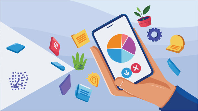 Hand holding smartphone displaying pie chart with floating icons and objects mobile