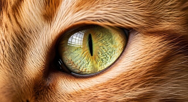 A stunning macro photograph of a ginger cat's vibrant green eye, showcasing the intricate details of the iris and surrounding orange fur. - Powered by Adobe