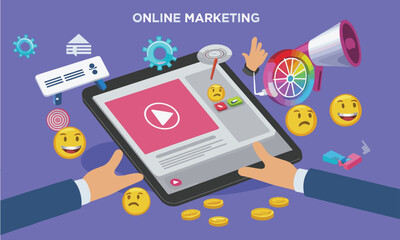 Online marketing concept with tablet, megaphone and emojis on purple background technology digital