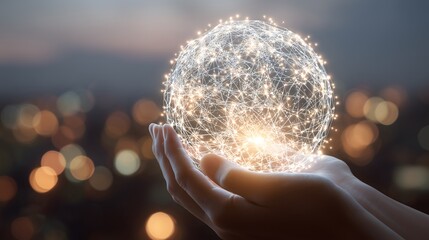 Hands gently holding a glowing digital sphere of interconnected lights and nodes, symbolizing global connectivity, innovation, technology, and the power of data networks in a futuristic world.

