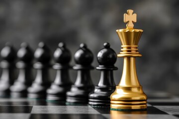 A stunning gold chess king piece stands prominently among black pawns on a chessboard, symbolizing strategy and competition in the classic game of chess.