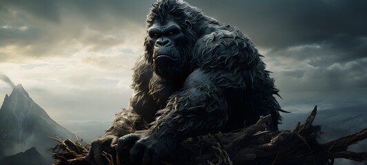 Fototapeta premium A haunted gothic gorilla perched on a wind-swept hil,generative AI