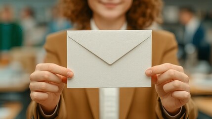 closeup of a white envelope holding in hands of a smiling Caucasian woman