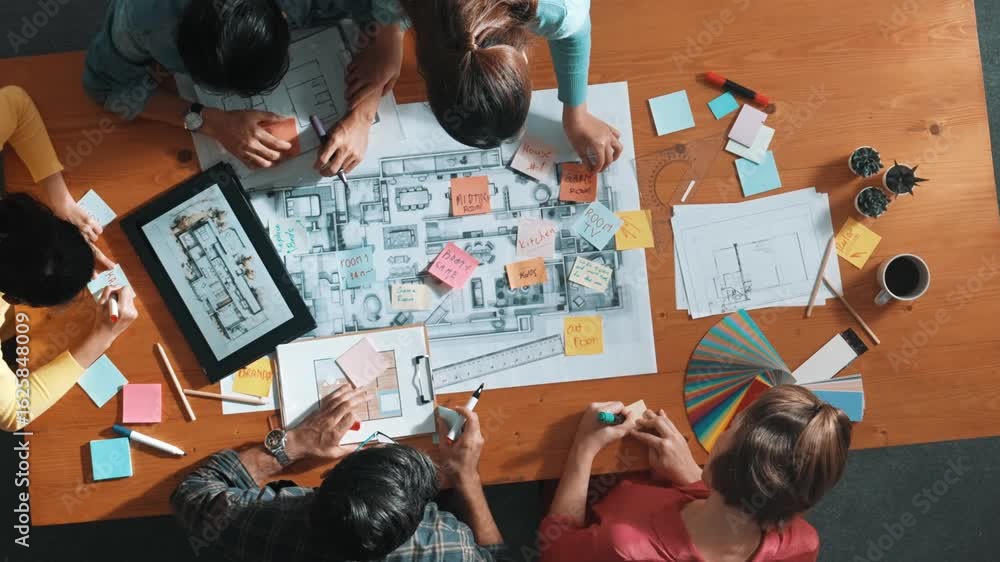 Poster top down aerial view of smart engineer looking at blueprint at meeting room. skilled architect team 