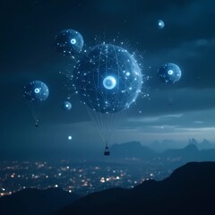 Design a futuristic abstract background titled ‘206 Eyes’ — a visual metaphor for the year 2026 where AI-powered surveillance balloons silently float above cities. 