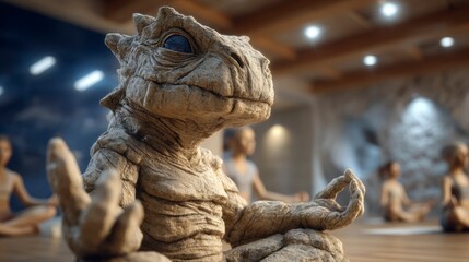 Textured Alien Creature Attending Yoga Class in Serene Studio Setting