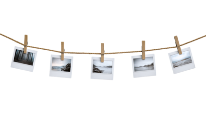 Five small, square photos, like instant prints, pinned to a clothesline