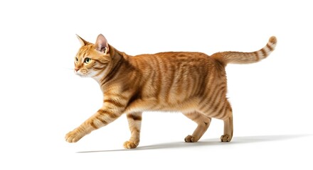 Side view of a beautiful ginger tabby cat walking elegantly. Domestic pet isolated on a clean white background with a shadow.