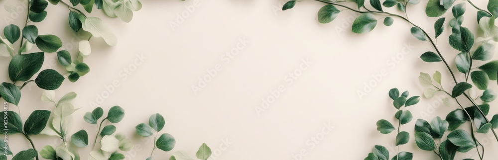 Poster fresh green leaves frame a soft cream background, creating an elegant and serene design. perfect for