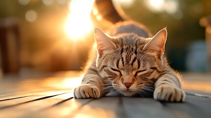 Relaxed Tabby Cat Stretching on Wooden Deck During Sunset Glow
