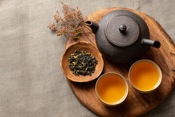 Flat lay of tea time setting on linen