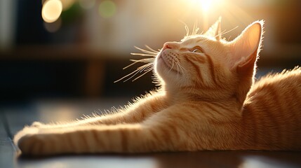 Cute ginger cat basking in sunlight with a dreamy expression