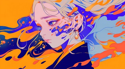 Abstract colorful wave background of calm woman close up