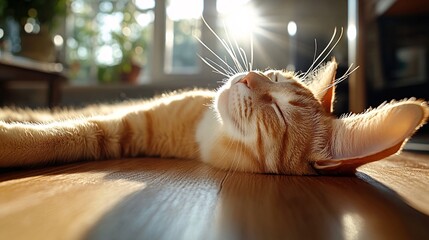 Relaxed Ginger Cat Enjoys Sunlight on a Warm Wooden Floor