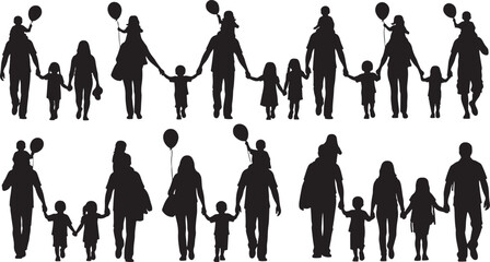 Families walking together holding hands with children on shoulders, family, people, children, parents, walking, holding hands, balloons, silhouettes, togetherness, outdoor, day, casual, happy, movemen