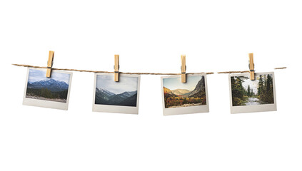 Four vintage-style photos of mountain landscapes, pinned to a clothesline