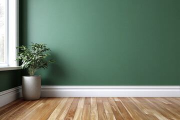 Green wall interior plant wooden floor natural light bright room with potted foliage near window creating calm and fresh atmosphere