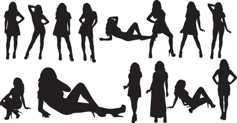 Female silhouettes in various poses fashion standing, female, silhouettes, poses, fashion, standing, sitting, lying, dresses, heels, black, white, graphic, design, people, women
