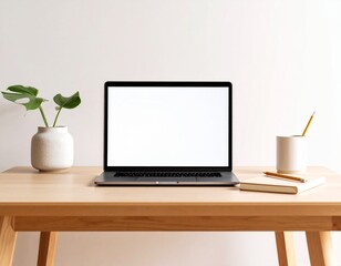 Minimal workspace with open laptop, notebook, and pencil on wooden desk