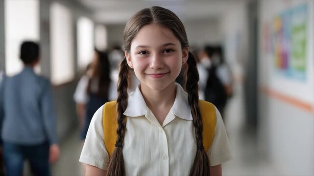 A young girl with long brown hair in pigtails, wearing an off-white short-sleeved school uniform