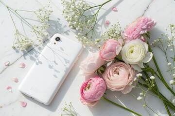 Elegant white smartphone with delicate pink and white flowers on a marble surface