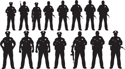 Police officers standing with firearms law enforcement, police, officers, law enforcement, security, uniform, cap, gun, rifle, silhouette, black, white, standing, group, men, duty, protection, authori