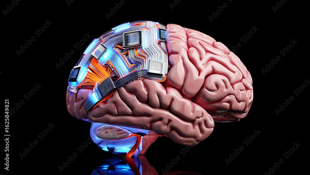 Poster detailed human brain with intricate glowing blue and orange circuit pathways and embedded microchips