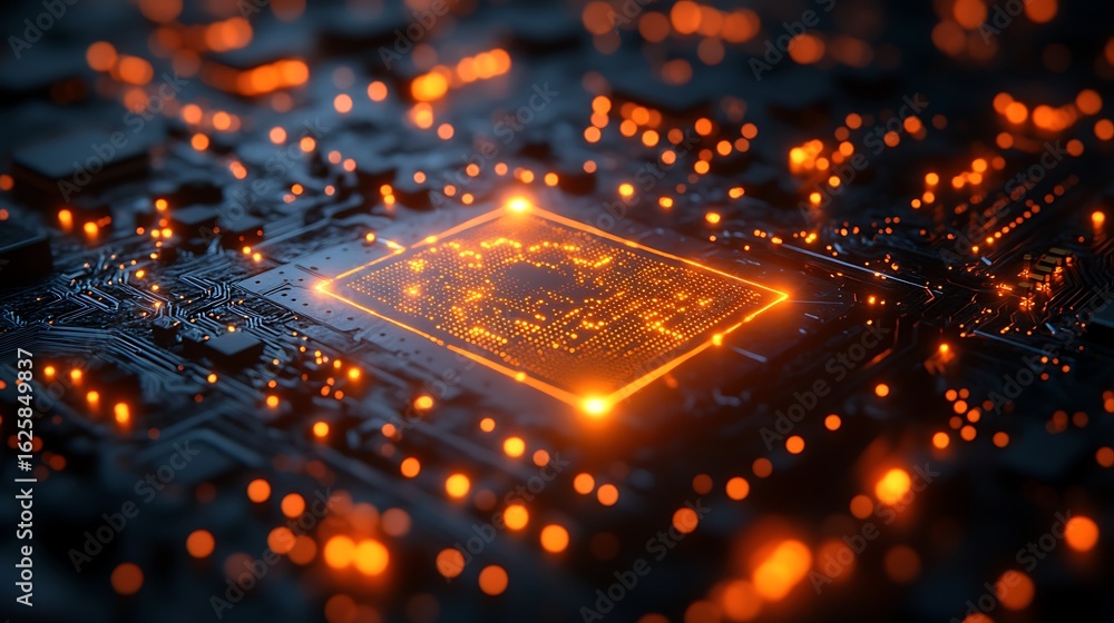 Poster detailed view of a glowing orange computer processor chip on a dark circuit board, highlighting tech