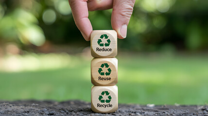 Hand arranging Reduce, Reuse, Recycle cubes symbolizing environmental sustainability