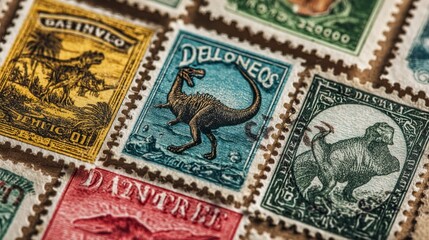 Close-up of Dinosaur Themed Postage Stamps Collection Display