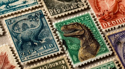 Fototapeta premium Detailed Close-Up of Dinosaur Themed Postage Stamps Collection