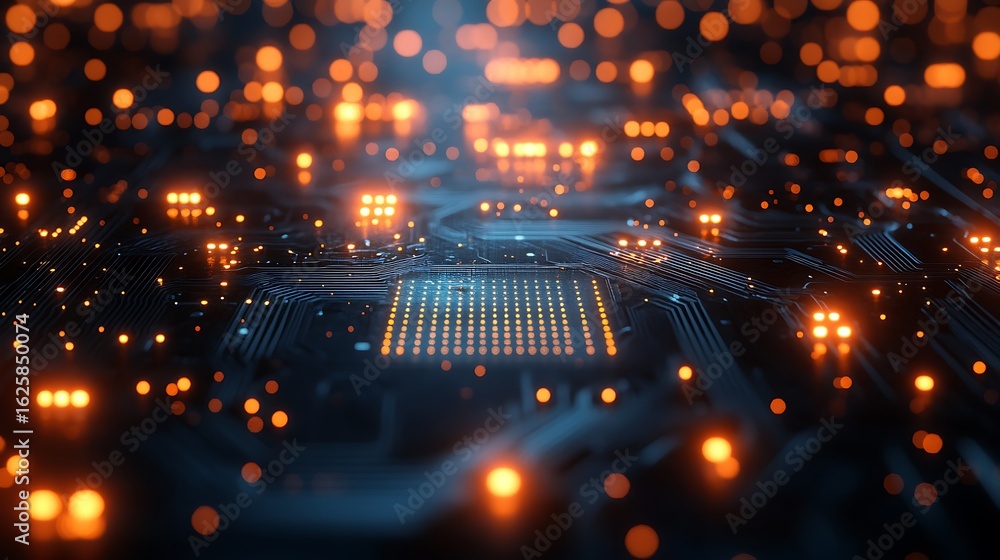 Poster abstract glowing circuit board with orange and blue lights, representing technology and data flow.