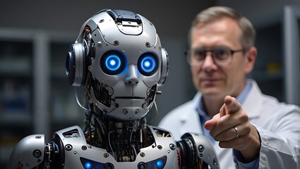 Fototapeta premium Intense close-up of a silver humanoid robot with glowing blue eyes and a scientist in a lab coat pointing.