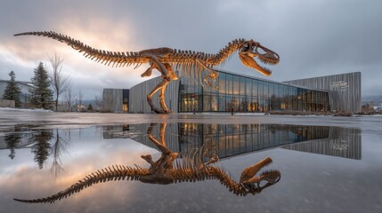 Tyrannosaurus rex Skeleton Reflection in Puddle at Museum Exterior