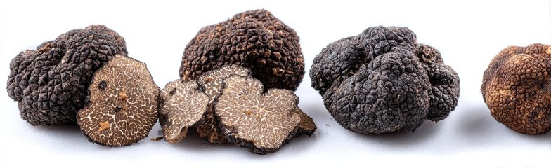 Three black and brown truffles, whole and sliced, on a white background