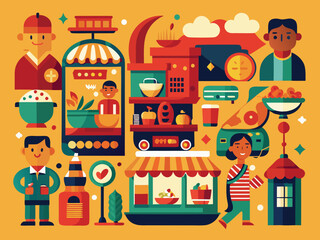 Street Food Market Icon Collection &ndash; Colorful Dishes & Cultural Diversity

