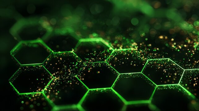 Futuristic Green Hexagon Grid with Digital Particles - Powered by Adobe