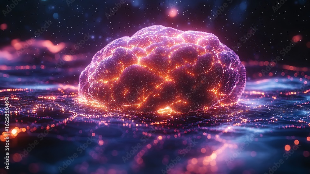 Poster abstract glowing brain made of light particles, representing artificial intelligence, digital consci