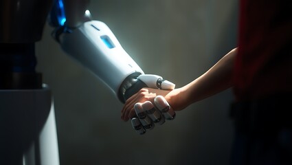 Human hand gently holding a futuristic metallic robotic hand with glowing blue light in a symbolic gesture of connection.