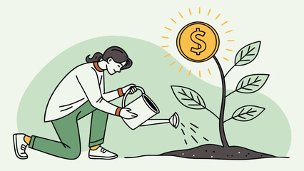 Woman nurturing a money plant;  financial growth, investment, and wealth building concept; minimalist line art style.
