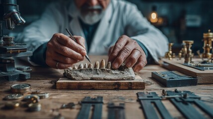 Paleontologist Measuring Dinosaur Teeth with Precision Tools