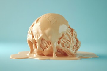 Fototapeta premium Melted ice cream sphere on a light blue background.
