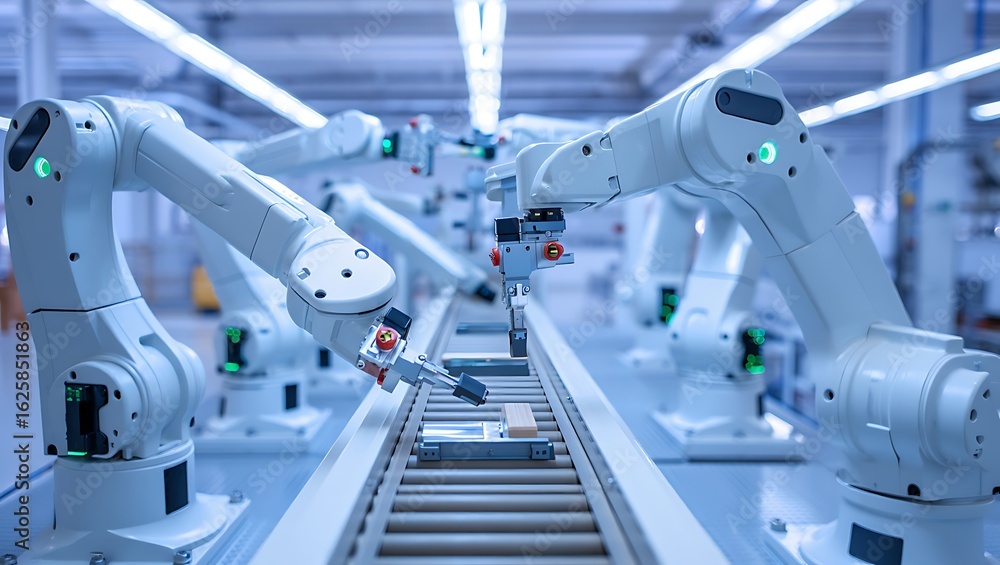 Poster multiple sleek white industrial robotic arms precisely operating on an automated conveyor belt in a 