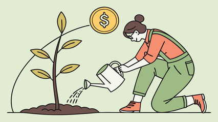 Woman watering growing money plant;  financial growth concept;  line art illustration;  positive, hopeful mood.