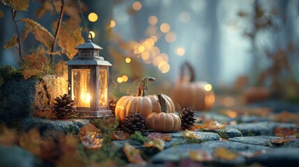 autumn halloween scene with glowing pumpkins and pine cones on a stone path, warm candle lantern light, golden fall leaves, cozy forest background