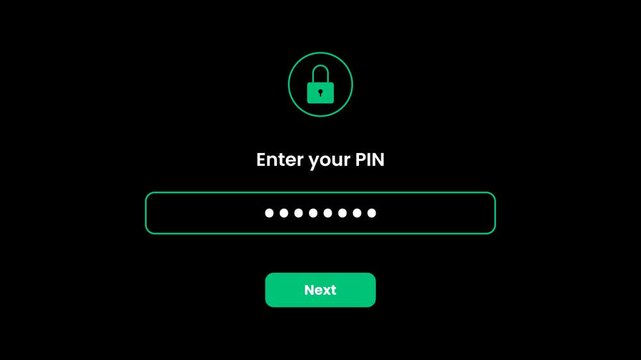 Animated PIN login interface with a secure padlock icon and a green checkmark. Ideal for fintech visuals, mobile apps, login screens, and cybersecurity. Transparent background.